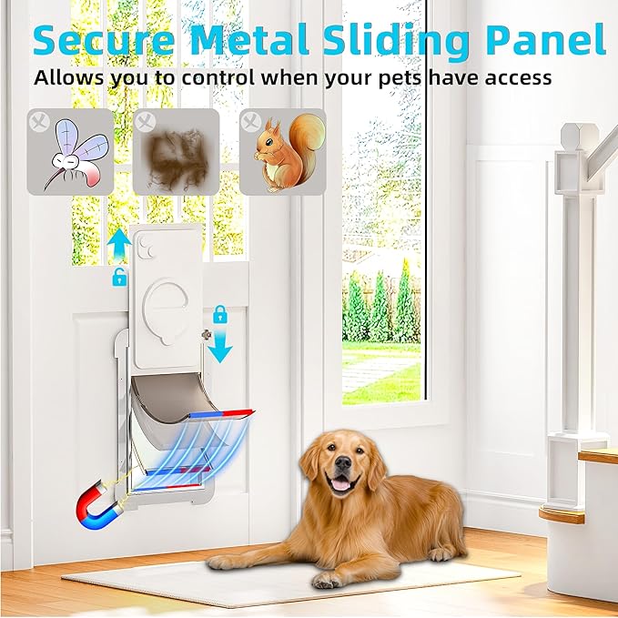 3-Flap Steel Large Dog Door for Exterior Doors with Sliding Lock Panel, Energy-Efficient Insulated Pet Door, Extreme Weather Doggy Door with Telescoping Tunnel, Never Rust（Pets Up to 100 Lb）