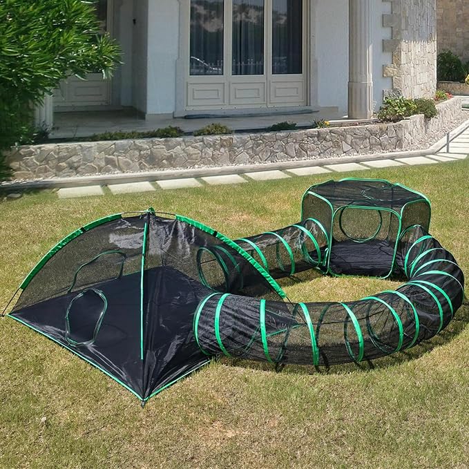 4-in-1 Outdoor Cat Enclosure, Enclosed Cat Tent Include 2 Tents & 2 Tunnels, Portable Pet Playpen for Kitty and Small Animal Within Storage Bag, Support Expansion
