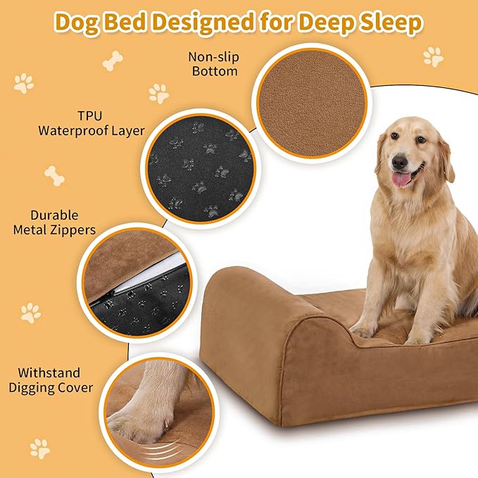Orthopedic Dog Beds for Large Dogs, 7" Memory Foam Dog Beds with Waterproof Liner, Chew Proof Microsuede Cover, Removable and Washable, Nonskid Bottom, 52"x36" XL Khaki
