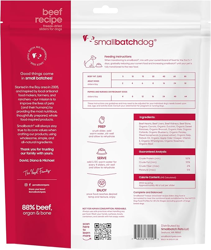 smallbatch Pets Freeze Dried Raw Dog Food, Beef Recipe, 14 oz, Organic High Protein Dog Food, Grain Free, Made in The USA, Humanely Raised Meat, Single Protein, for Picky Eaters, Hydrate & Serve