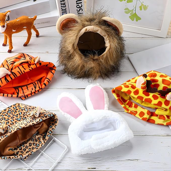 Weewooday 5 Pcs Cat Adorable Costume Bunny Hat with Ears Funny Mane Cat Hat for Pets and Small Dogs Kitten Puppy Party Costume Accessory Headwear(Rabbit, Lion, Leopard, Tiger, Giraffe)