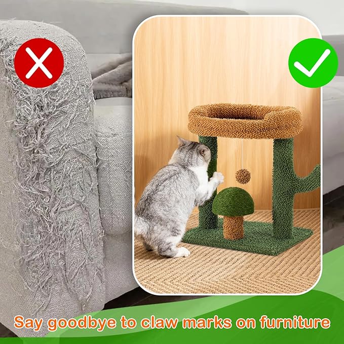 Cactus Cat Scratching Posts for Indoor Cats, Sisal Cat Scratcher with Play Ball, 20”Small Cat Tree Tower and Mushroom Scratch Post for Kitten, Green