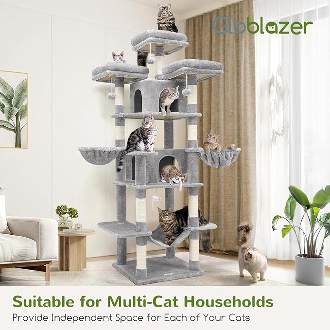 Globlazer Big Cat Tower for Indoor Cats, 80inch Cat Tower for Multiple Adult Cats XXL Cat Tree with Scratching Post, Hammock, 3 Perches, 2 Condos, 2 Hanging Basket, F80, Light Grey