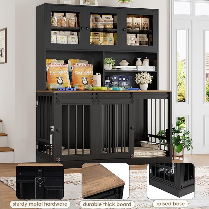 TTVIEW 71"H x 55"L Large Dog Crate Furniture with Hutch Shelf and Glass Door, Indoor Dog Kennel with Divider and Feeding Bowls for Large Dogs 2 Pets, Heavy Duty Dog Cage Pet House with 4 Doors, Black