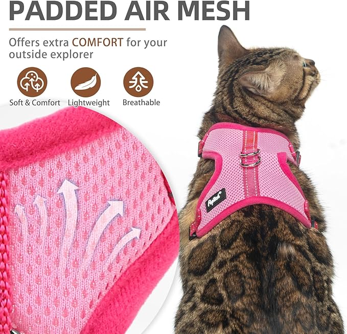 PUPTECK Cat Harness and Leash Set Escape Proof, Reflective Adjustable Soft Mesh Kitten Vest Harness for Walking Travel, Pink, M