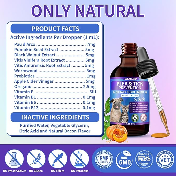 Flea and Tick Prevention Support for Cats and Dogs Natural Flea Treatment Drops with Multivitamin for Pets Oral Natural Supplement Flea and Tick Treatment Drops for All Breeds and Ages