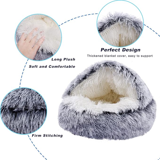 Cat Cave Bed Round Plush Fluffy Hooded Cat Bed Cozy Cats beds Cushion Sofa for Small Dogs Pet Beds Doughnut Calm Anti-nxiety Dog Bed - Waterproof Bottom Washable