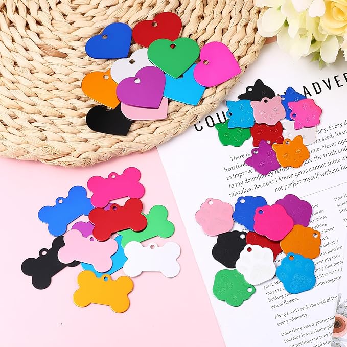 80 Pieces Pet ID Tag Colorful Blank Personalized Dog Tags Aluminum Pet Name Tags with Bone Paw Heart Cat Head Shape Animals Name Phone Number ID Craft with Holes for Dogs Cats