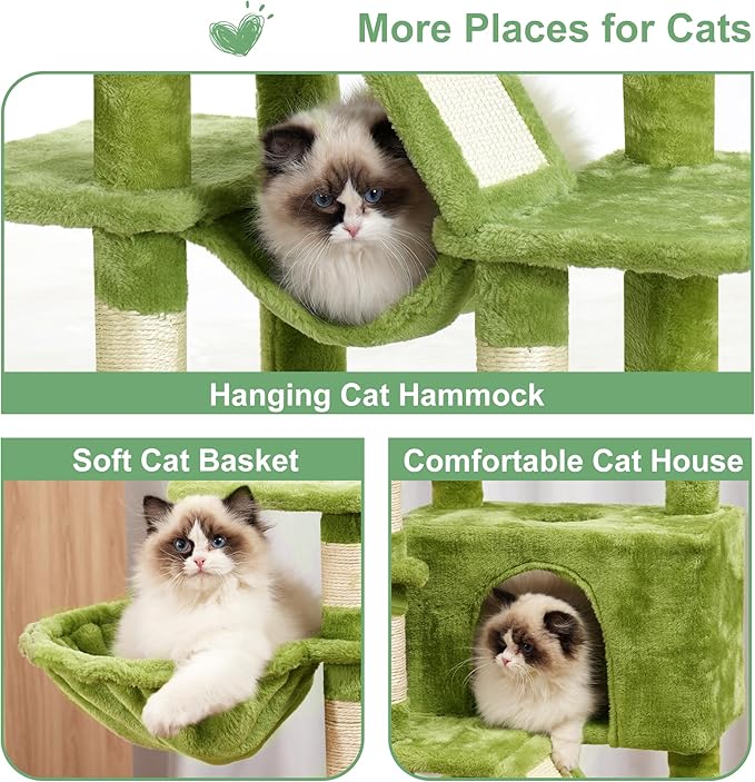Cat Tree, 63 inch Multi-Level Cat Tower for Indoor Cats, Cat Condo with Cat Scratching Post and Board, Cat Hammock, Green GCT011GR