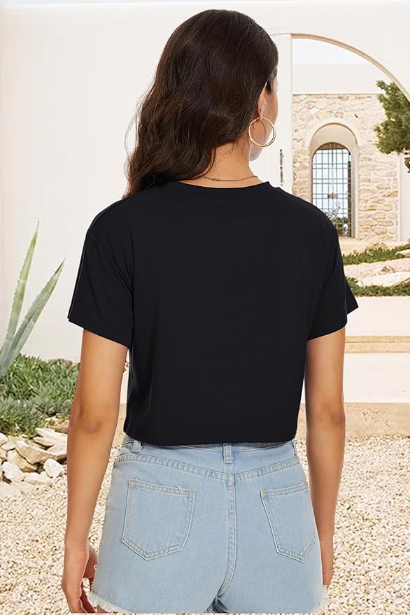 Womens Summer Crop Tops Short Sleeve Round Neck T-Shirts Loose Fit Casual Blouse