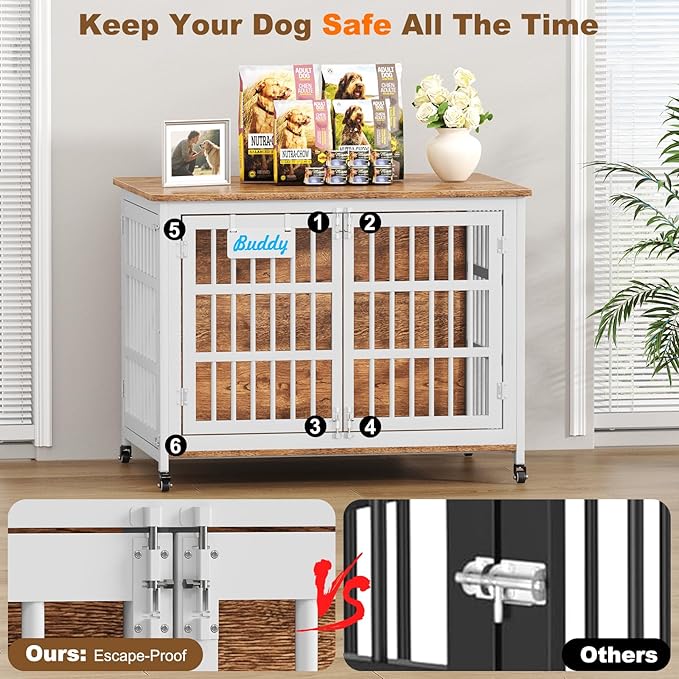 EasyCom 42"/41"/33" XL Heavy Duty Dog Crate Furniture with Casters, Dog Kennel Indoor for Large and Medium Dogs, Double-Doors Sturdy Dog Cage for Anxiety Dog, Decorate House as TV Stand, Bedside Table