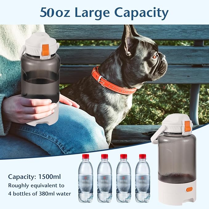 50oz Outdoor Dog Water Bottle - Leakproof Pet & Human Water Dispenser with Handle, Portable for Travel, Hiking, Camping, Beach - Must-Have BPA-Free Gear for Active Dogs (White)