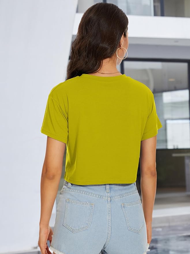 Womens Summer Crop Tops Short Sleeve Round Neck T-Shirts Loose Fit Casual Blouse