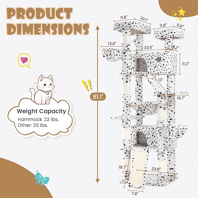 SHA CERLIN 81in Multi-Level Tall Cat Tree Tower for Indoor Kitties/Larger Cat Condo Furniture with Hammock/Cozy Pussycat Perches/Sisal Scratching Posts/Pet House/Wide Base/White & Black Spot