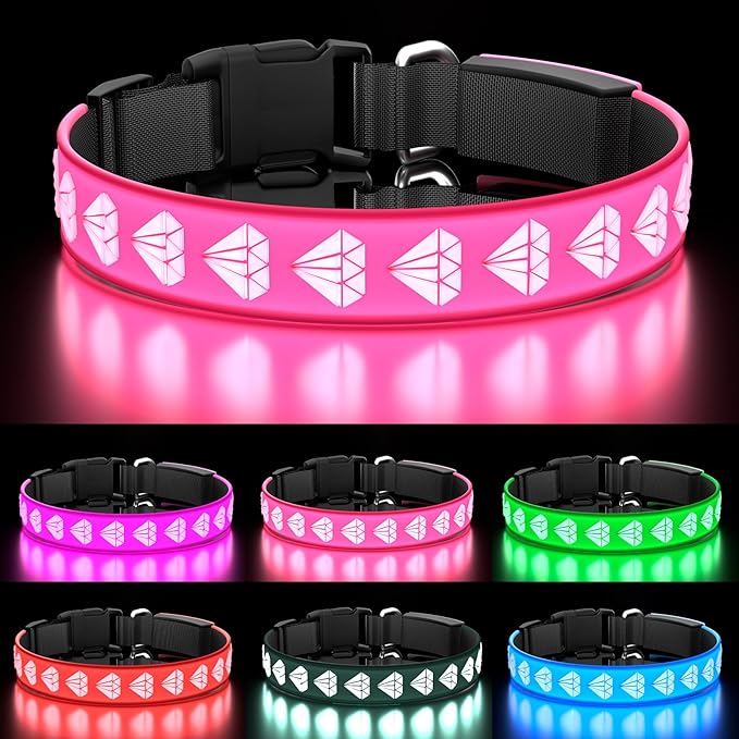 Glowing Dog Collar 3D LED Dog Collars Rechargeable Adjustable 15-in-1 Light Up Dog Collars Waterproof Large Dog Collar for Night Walking, Pink