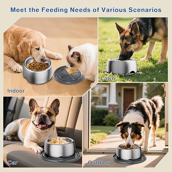 304 Stainless Steel Dog Bowls, Heavy Duty Dog Food Bowl with Extra Strong Non-Slip Mat, Thick Metal Base Water Bowl with Lick Mat for Puppies & Cats, Indoor/Outdoor (8.5 oz)