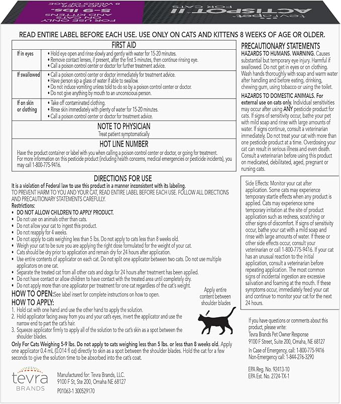 TevraPet Actispot II Flea Treatment for Small and Medium Cats 5-9 lbs | 6 Doses | Powerful Prevention and Control, Clear