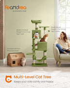 Feandrea Cat Tree, 61-Inch Cat Tower for Indoor Cats, Plush Multi-Level Cat Condo with 5 Scratching Posts, 2 Perches, 2 Caves, Hammock, 2 Pompoms, Grass Green UPCT192C02