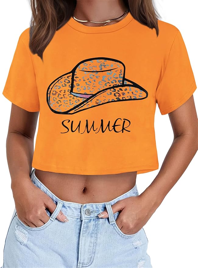 Womens Summer Crop Tops Short Sleeve Round Neck T-Shirts Loose Fit Casual Blouse