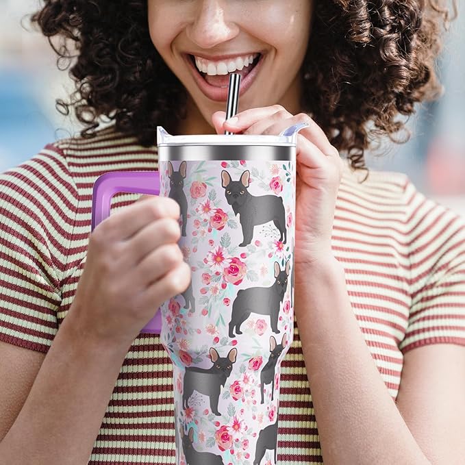 French Bulldog Gifts for Women Dog Lovers 40 oz Floral French Bulldog Tumblers with Handle and Straw, Stainless Steel Vacuum Insulated Travel Coffee Mug Cup Water Bottle