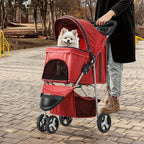 MoNiBloom 3 Wheels Pet Stroller, Foldable Puppy Cage Jogger Stroller with Weather Cover for All-Season, Storage Basket and Cup Holder, Breathable and Visible Mesh for Small/Medium Pets, Red