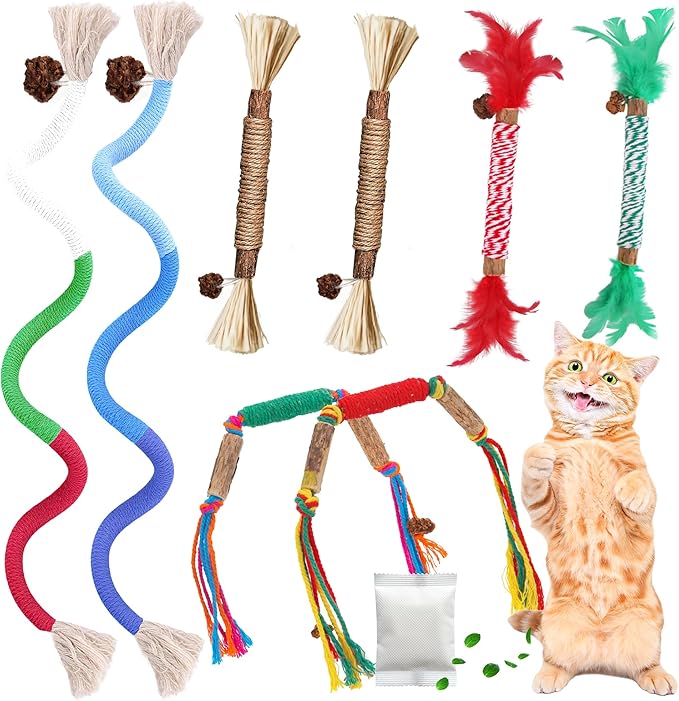 Silvervine Sticks for Cats & Cat Chew Rope Toy with Refillable Natural Catnip Bag for Teeth Cleaning, Interactive Cat Catnip Toys for Indoor Cats, Kitten Teething Toys for All Breeds (8Pcs)