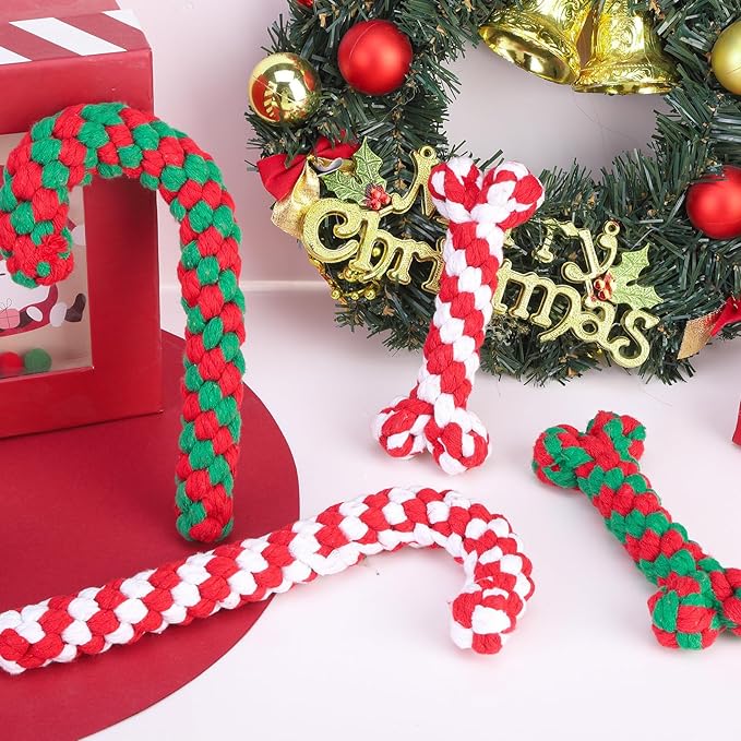 SCENEREAL Christmas Dog Toys, Durable Crutch Bone Rope Toys 4 Pack, Bite Resistant Chew Toy for Teething Cleaning, Xmas Element Rope Toy for Puppy Small Medium Large Dogs
