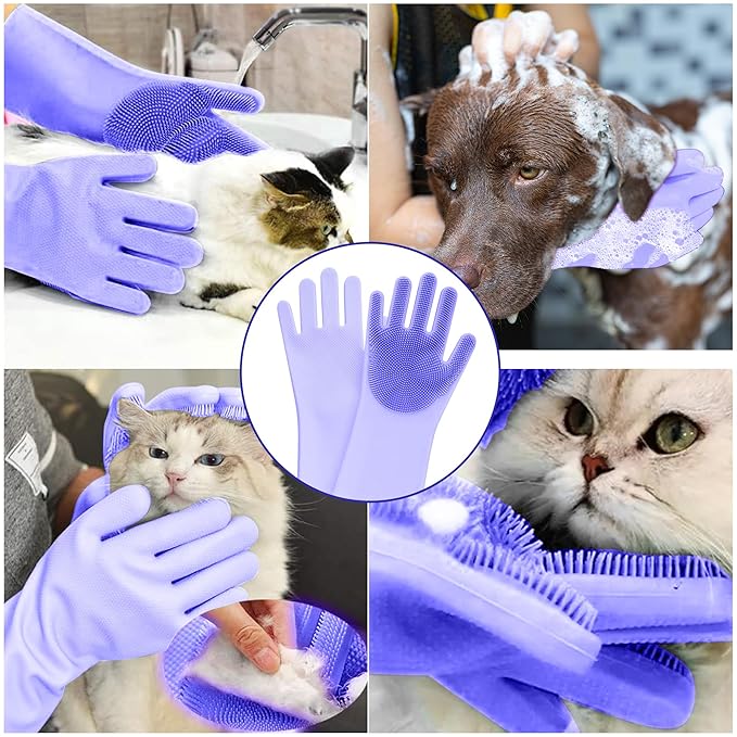 Pet Grooming Gloves with High-Density Teeth, Silicone Five Finger Design for Washing, Massaging Dogs and Cats (Purple)