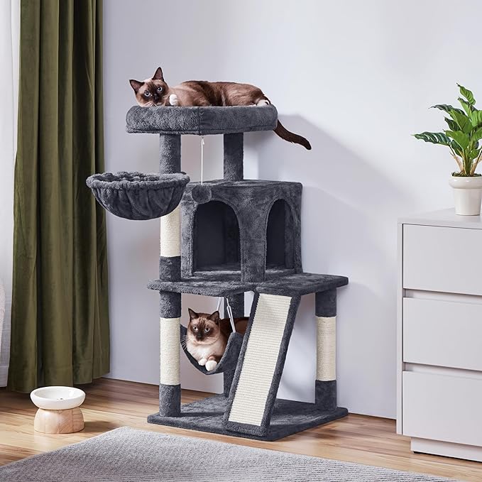 Yaheetech Cat Tree Tower, 40-Inch Condo with Hammock, Oversized Soft Platform, Scratching Board, Basket, Pet Beds & Furniture for Large Kittens, Dark Gray