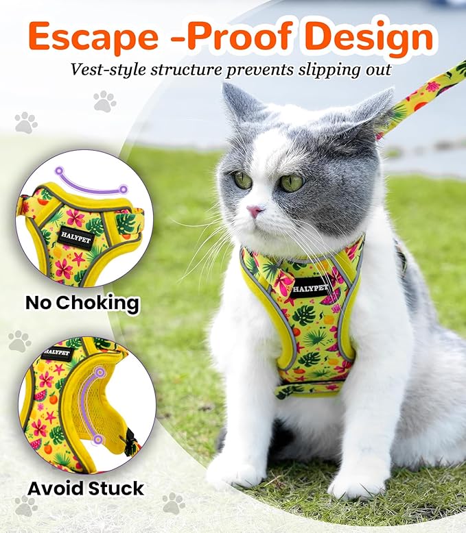 Halypet Cat Harness and Leash Set for Walking, Escape Proof Adjustable Vest Harness with 3-in-1 Integrated Buckles, Easy Control Soft Breathable Mesh with Reflective Strips for Cats, S, Bright Yellow