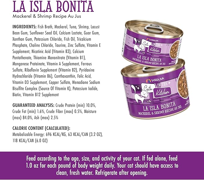 Weruva Cats in The Kitchen, La Isla Bonita with Mackerel & Shrimp Au Jus Cat Food, 6oz Can (Pack of 24)