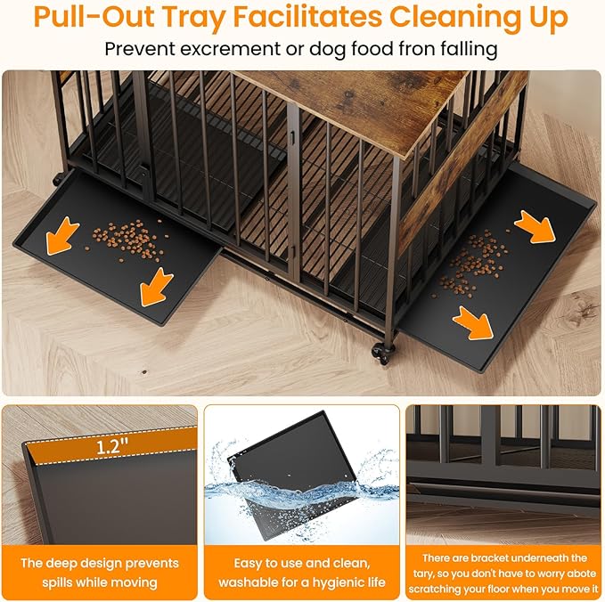 Dog Crate Furniture for Medium Dogs, 38 Inch Indoor Medium Kennel, Wooden Pet Cage Decorative Corner End Table with Caster Wheels & Double Removable Tray, Rustic Brown