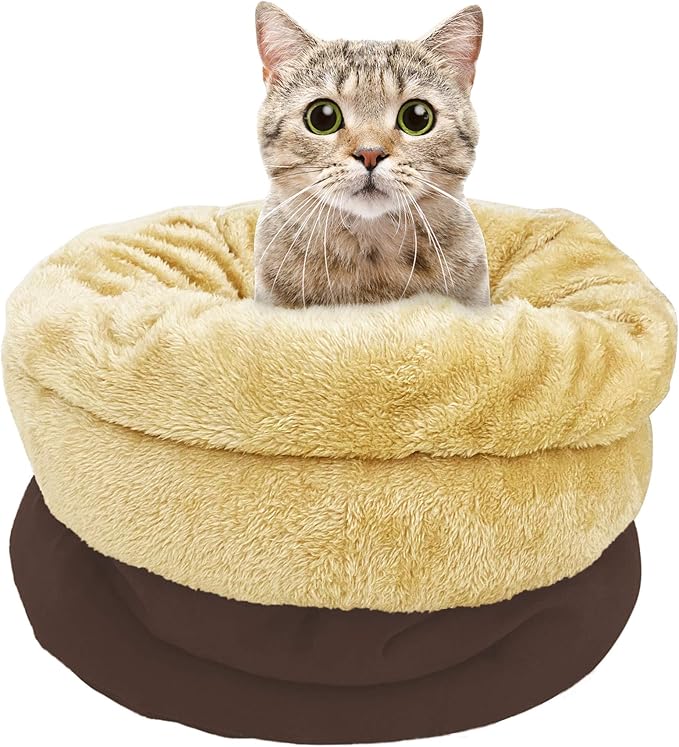 4 in 1 Self Warming Burrow Cat Bed, Pet Hideway Sleeping Cuddle Cave (Brown)