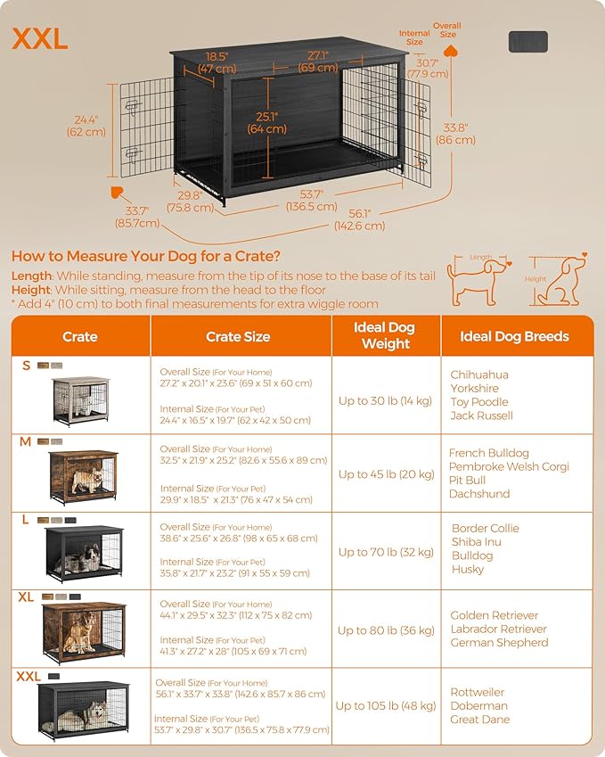 Feandrea Dog Crate Furniture, 56.1" Modern Kennel for Dogs Indoor up to 105 lb, Heavy-Duty Dog Cage with Multi-Purpose Removable Tray, Double-Door Dog House, Ink Black UPFC005B01