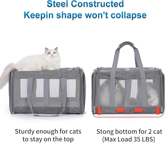 Large Cat Carrier for 2 Cats with Removable Soft Pad(43.3 x 17 x13Inches), Collapsible&Expandable Pet Carrier for Large Cats and Small Dogs 35 LBS,Breathable Mesh Top,Safety Harness