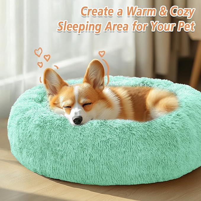 JOLLYVOGUE Calming Dog & Cat Bed for Small Dogs, Anti-Anxiety Donut Cuddler Cozy Soft Round Bed with Anti-Slip Bottom, Fluffy Faux Fur Plush Cushion Beds for Small Medium Pets (23")