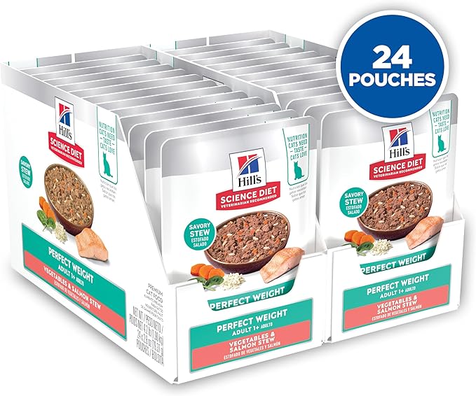 Hill's Science Diet Perfect Weight, Adult 1-6, Weight Management Support, Wet Cat Food, Salmon & Vegetables Stew, 2.8 oz Pouch, Case of 24