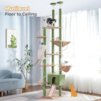 Floor to Ceiling Cat Tree Tall Cat Tower with Adjustable Height (81.8-108 Inches) with Fully Scratching Post Private Condo and Hammock for Indoor Cats (Green, Triple Dule Posts)
