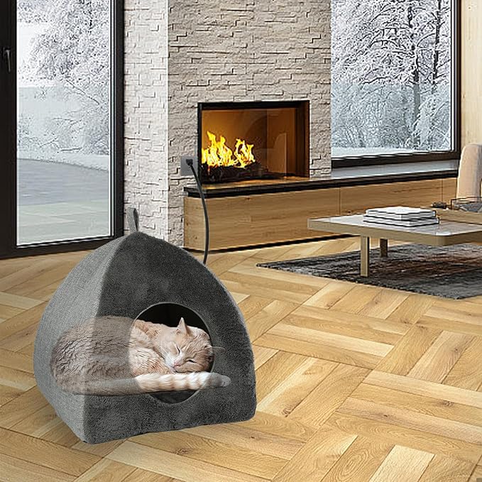 Heated Cat Bed Cave, Adjustable Temperature Heated Pet Bed Indoor with Timer, Cat Cave Bed Cat House with Washable Cushioned Pillow and Chew Resistant Cord Update for Indoor