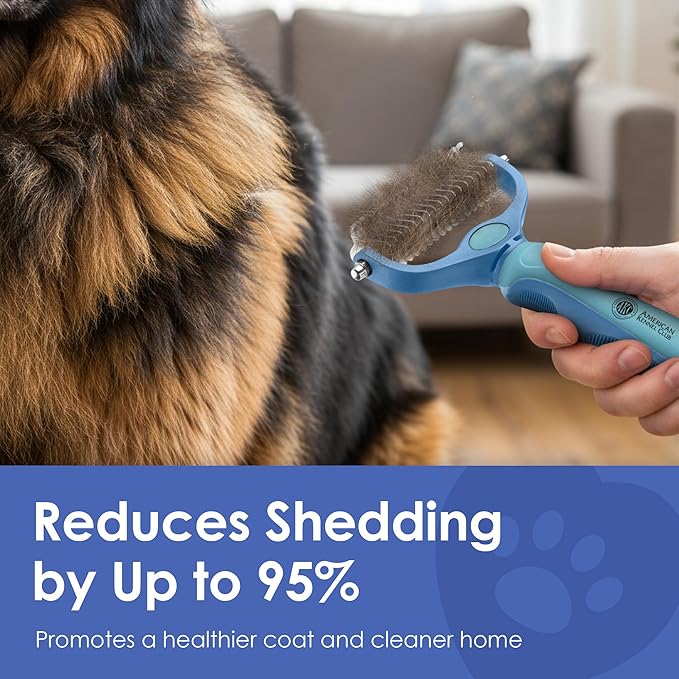 AKC-Dog & Cat Detangle Rake Style Brush | Durable & Effective | Anti- Slip & Easy Maintenance | Portable & Easy to Use | Stainless Steel Blades & Safety Guard | Detangling and Dematting Comb for Pets