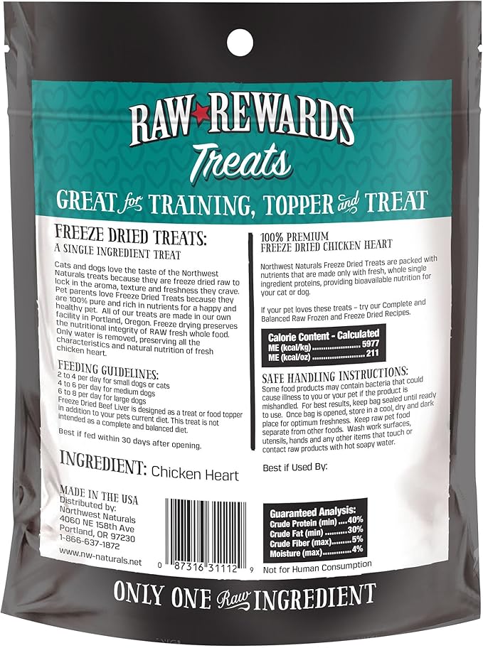 Northwest Naturals Raw Rewards Freeze-Dried Chicken Heart Treats for Dogs and Cats - Bite-Sized Pieces - Healthy, 1 Ingredient, Human Grade Pet Food, All Natural, Proudly Made in USA, 3 Oz