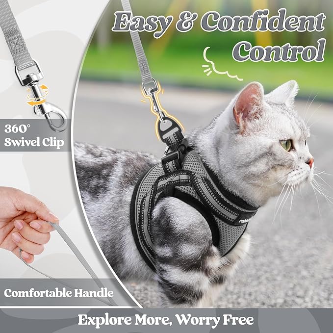 rabbitgoo Cat Harness and Leash Set for Walking Escape Proof, Adjustable Soft Kittens Vest with Reflective Strip for Cats, Comfortable Outdoor Vest, Grey, S