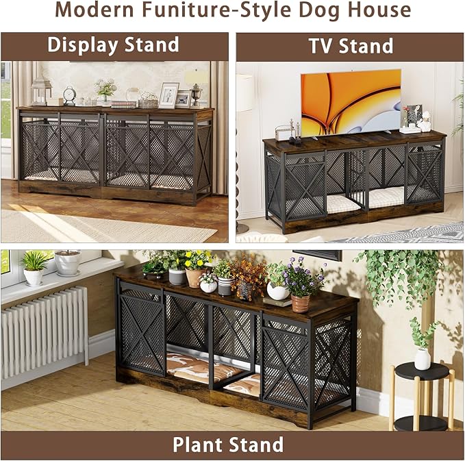 COZPAW 78 Inch Double Dog Crate Furniture, Extra Large Dog Kennel Indoor for Medium Large 2 Dogs, Heavy Duty Dog Cage Chew-Resistant Steel and Wooden Pet House with Removable Divider (Brown)