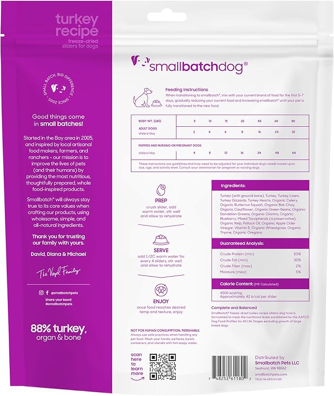 smallbatch Pets Freeze Dried Raw Dog Food, Turkey Recipe, 14 oz, Organic High Protein Dog Food, Grain Free, Made in The USA, Humanely Raised Meat, Single Protein, for Picky Eaters, Hydrate & Serve