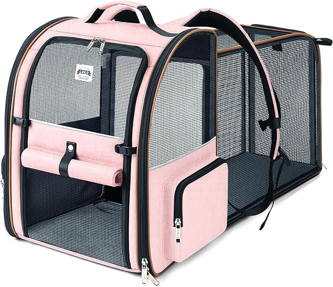 Lekebobor Large Cat Backpack Carrier Expandable Foldable Pet Carrier Backpack for Small Dogs Puppy Medium Cats Fit Up to 18 Lbs for Travel, Hiking,Pink XL Size