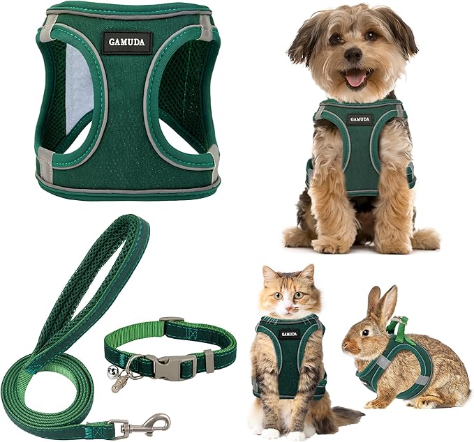 GAMUDA Small Pet Harness Collar and Leash Set, Step in No Chock No Pull Linen Fabric Soft Mesh Dog Vest Harnesses Reflective for Dogs Puppy Cats Kitten Rabbit (Green, L)