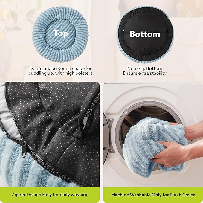 MIXJOY Donut Medium Dog Beds Medium Sized Dogs, Round Pet Beds with Removable Washable Cover, Faux Fur Cat Bed with Anti-Slip Bottom, 30"x30"x8", Blue