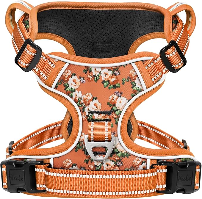 HEELE Dog Harness, No Pull Adjustable Padded Reflective Harness for Small Medium Large Dogs with Handle for Walking Training, Flower-Orange,S