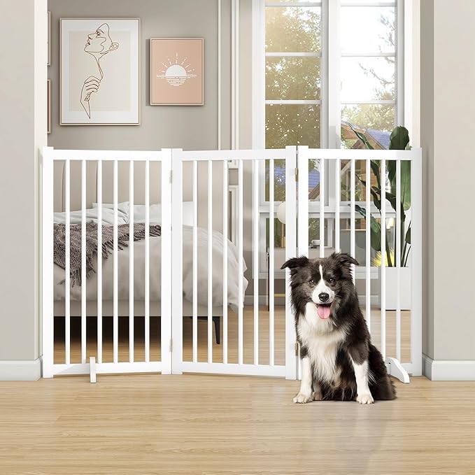 36" H Freestanding Dog Gate, Solid Wood Foldable Pet Gate with Support Feet, Wooden Tall Dog Gate for Doorway, Stairs & Indoor Use, 60" Wide Expandable Pet Fence, 3 Panels, White