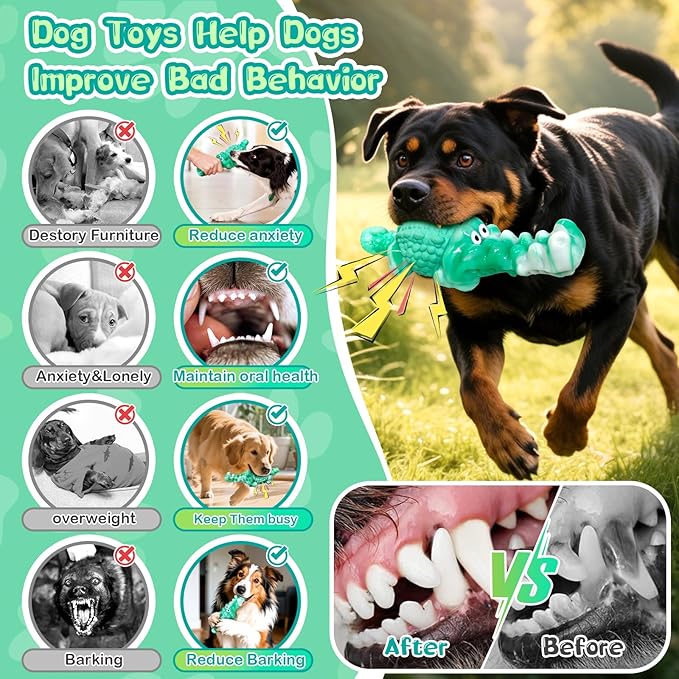 Dog Chew Toys for Aggressive Chewers: Tough Squeaky Alligator Toy for Small, Medium, Large Breed to Keep Them Busy & Clean Teeth and Reduce Boredom or Stress Relief
